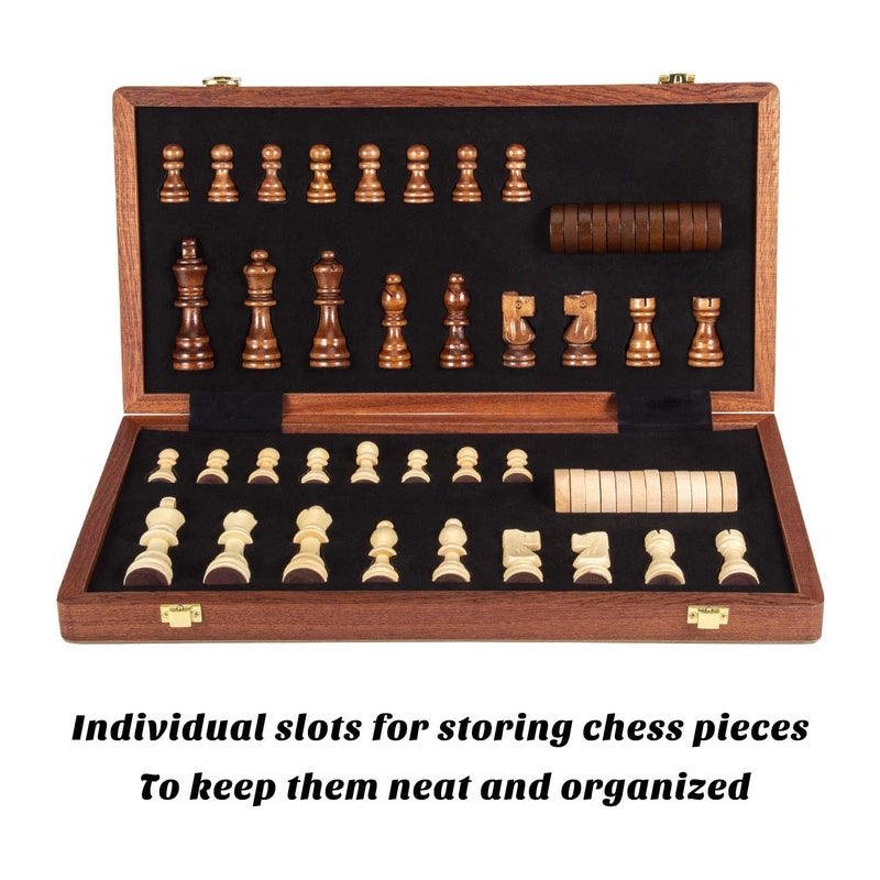 AMEROUS 15 Inches Magnetic Wooden Chess & Checkers Set (2 in 1) - Folding Board -Gift Box Packed -24 Cherkers Pieces -2 Extra Queens, Beginner Chess Set for Kids and Adults - Image 3